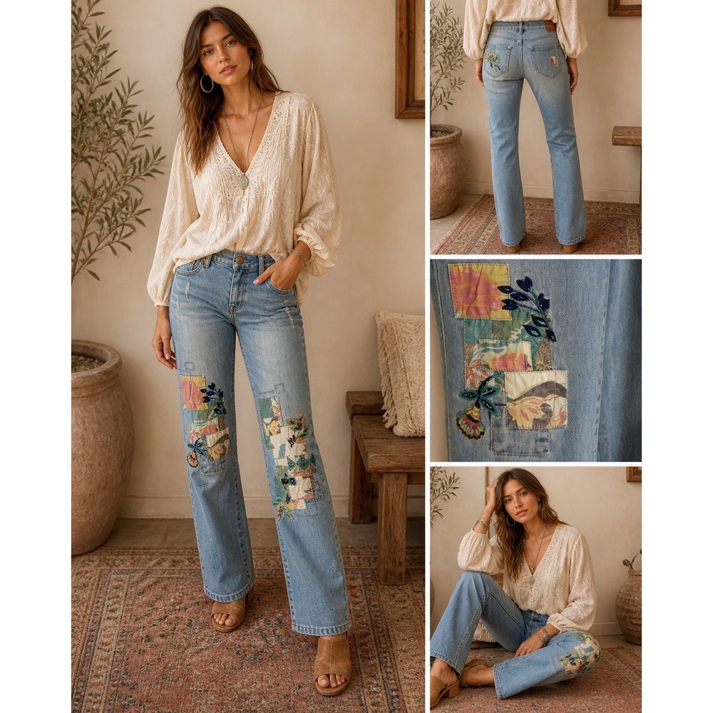 Sundance Magnolia Jean Women 28 Boho Embroidered Patchwork Light Wash Distressed